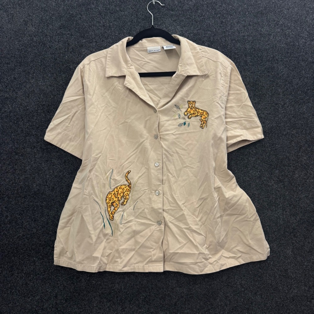 White Stag Vintage 90s Leopard Embroidered Cotton Button Up Shirt Tan XL 16/18